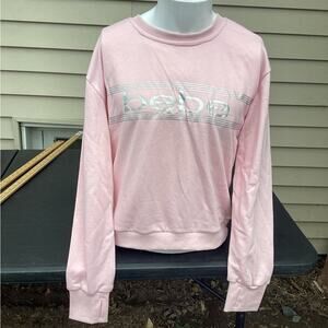 ~Bebe Sport Top medium PEONY Sleeve Sheer White Stripe On Arm Sequins Silver $49